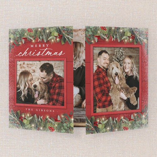 Festive Greenery Holiday Card, Red, Gate Fold, Christmas, Pearl Shimmer Cardstock, Square, Radish