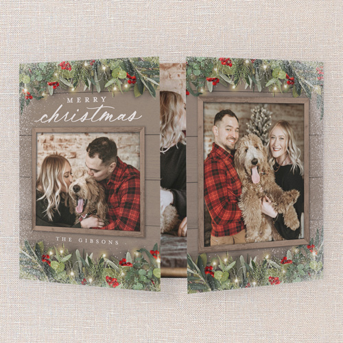 Festive Greenery Holiday Card, Beige, Gate Fold, Christmas, Matte, Folded Smooth Cardstock, Square, Rye