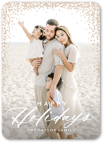 Confetti Corners Holiday Card, White, Holiday, Antique Gold Glitter, Matte, Signature Smooth Cardstock, Rounded