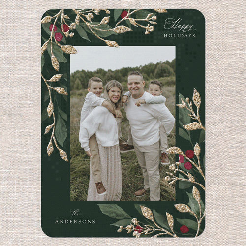 Sparkling Classic Berries Holiday Card, Green, Holiday, Antique Gold Glitter, Matte, Signature Smooth Cardstock, Rounded, Pine Grove