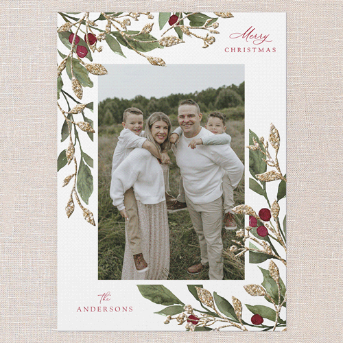 Sparkling Classic Berries Holiday Card, White, Christmas, Antique Gold Glitter, Matte, Signature Smooth Cardstock, Square, White