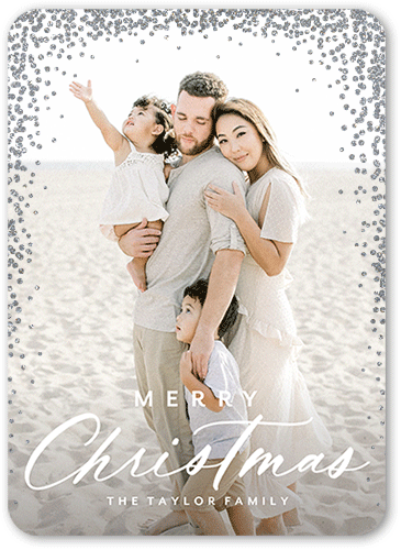 Confetti Corners Holiday Card, White, Christmas, Silver Glitter, Matte, Signature Smooth Cardstock, Rounded, White