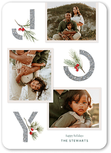 Sparkle Joy Berries Holiday Card, White, Holiday, Silver Glitter, Matte, Signature Smooth Cardstock, Rounded
