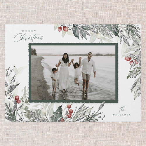 Elegant Evergreen Holiday Card, White, Write Your Own, Silver Glitter, Matte, Signature Smooth Cardstock, Square, White