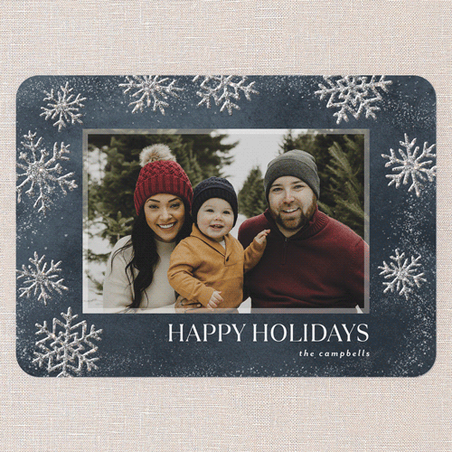 Snow Serenity Holiday Card, Blue, Holiday, Silver Glitter, Matte, Signature Smooth Cardstock, Rounded, Blue