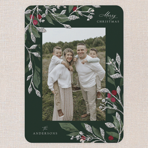 Sparkling Classic Berries Holiday Card, Green, Christmas, Silver Glitter, Matte, Signature Smooth Cardstock, Rounded, Pine Grove