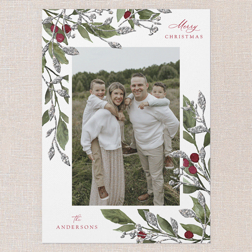 Sparkling Classic Berries Holiday Card, White, Christmas, Silver Glitter, Matte, Signature Smooth Cardstock, Square, White