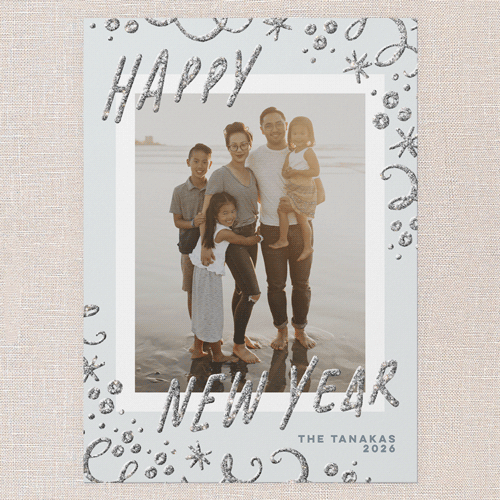 Shimmering Streamers New Year's Card, Blue, New Year, Silver Glitter, Matte, Signature Smooth Cardstock, Square, Blue