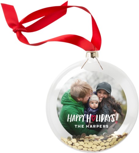 Happy Holidays Heart Glitter Ornament, White, Circle Ornament