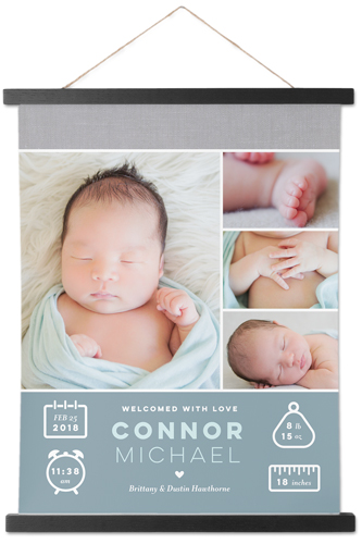 Welcome Baby Boy Hanging Canvas Print, Black, 11x14, Blue