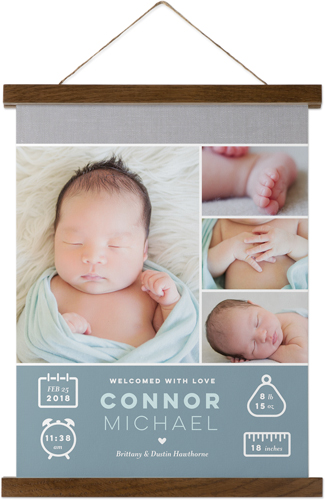 Welcome Baby Boy Hanging Canvas Print, Walnut, 11x14, Blue