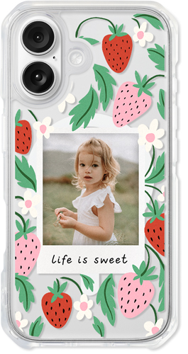 Strawberry Blooms iPhone Clear Impact Case, With Magsafe, Impact Clear, iPhone 16, White