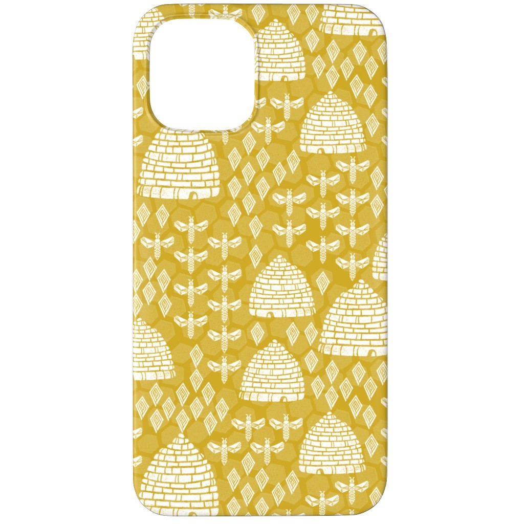 Bee Hives, Spring Florals Linocut Block Printed - Golden Yellow Phone Case, Slim Case, Matte, iPhone 11 Pro, Yellow