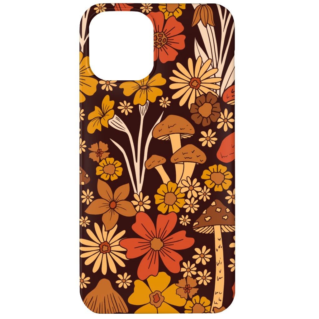 Retro 1970s Mushroom & Flowers - Brown and Orange Phone Case, Silicone Liner Case, Matte, iPhone 11, Orange
