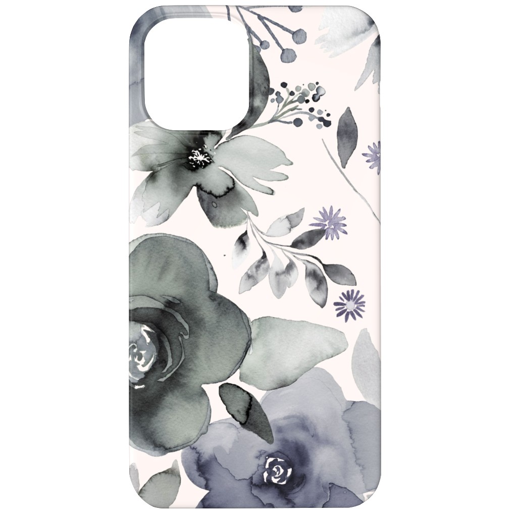 Wintery Watercolor Flower Bouquets - Navy Phone Case, Silicone Liner Case, Matte, iPhone 12 Mini, Blue, True Blue