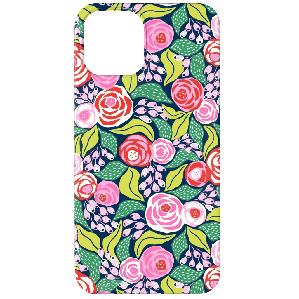 Colourful Papercut Roses - Pink on Dark Blue Phone Case, Slim Case, Matte, iPhone 12 Mini, Pink