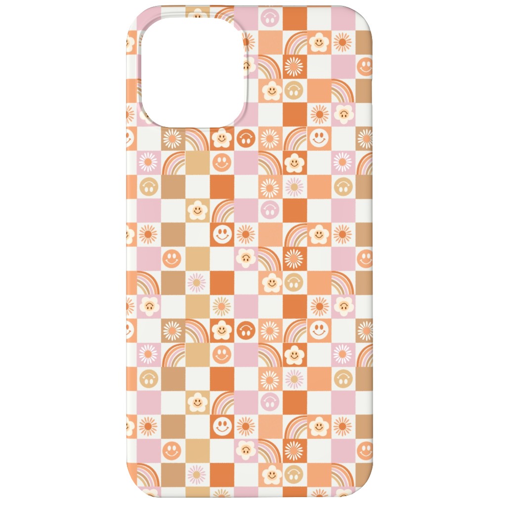 Retro Checkerboard - Daisy, Smile, Happy - Pink Orange Phone Case, Slim Case, Matte, iPhone 12 Mini, Orange