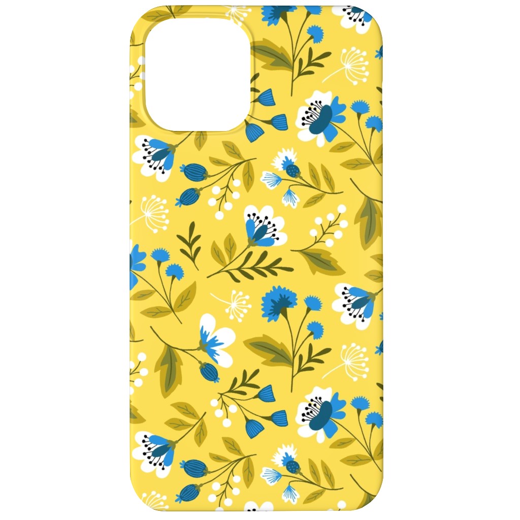 Colorful Spring Flowers - Blue on Yellow Phone Case, Slim Case, Matte, iPhone 12 Mini, Yellow, Classic Yellow