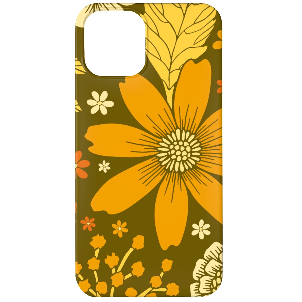 1970s Retro Flowers - Yellow, Orange & Olive Green Phone Case, Slim Case, Matte, iPhone 12 Mini, Orange, Orange