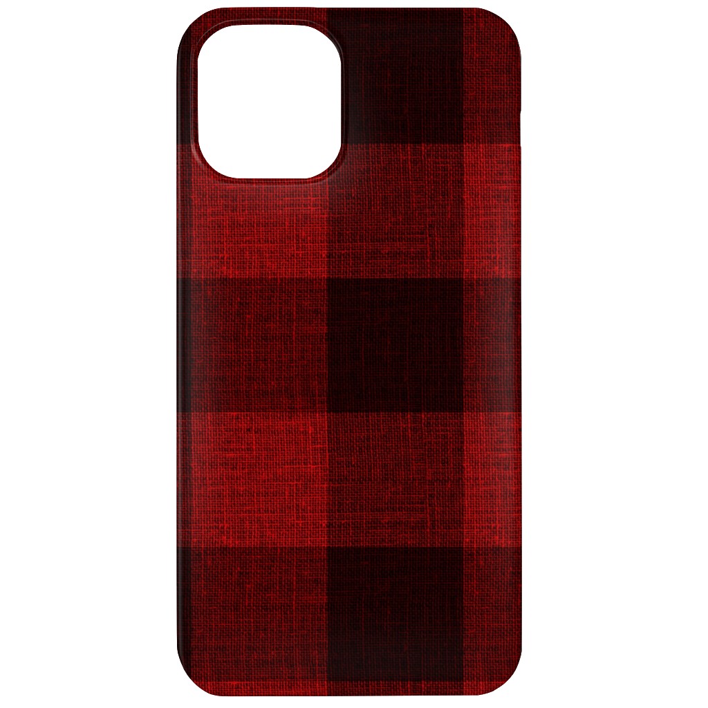 Linen Look Gingham Lumberjack - Red, Black Phone Case, Slim Case, Matte, iPhone 12, Red