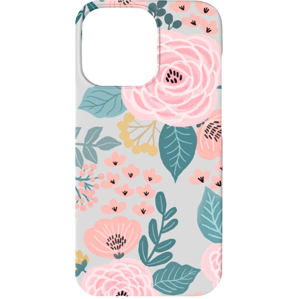 June Botanicals - Gray Phone Case, Silicone Liner Case, Matte, iPhone 13 Mini, Pink