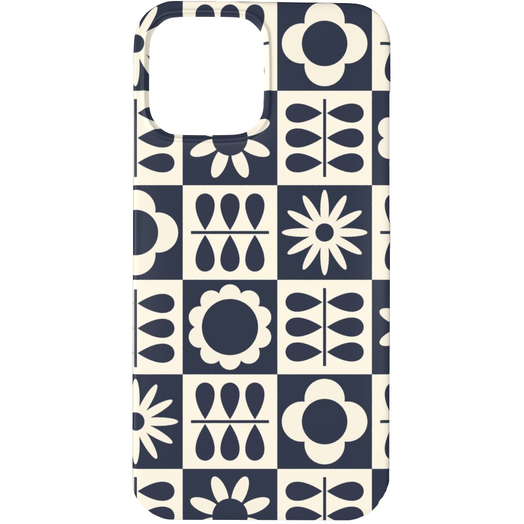 Scandinavian Checker Blooms - Off White and Navy Phone Case, Silicone Liner Case, Matte, iPhone 13 Pro Max, Black