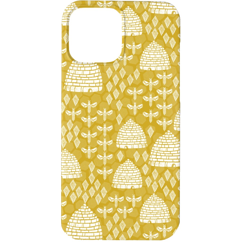 Bee Hives, Spring Florals Linocut Block Printed - Golden Yellow Phone Case, Silicone Liner Case, Matte, iPhone 13 Pro, Yellow, Classic Yellow