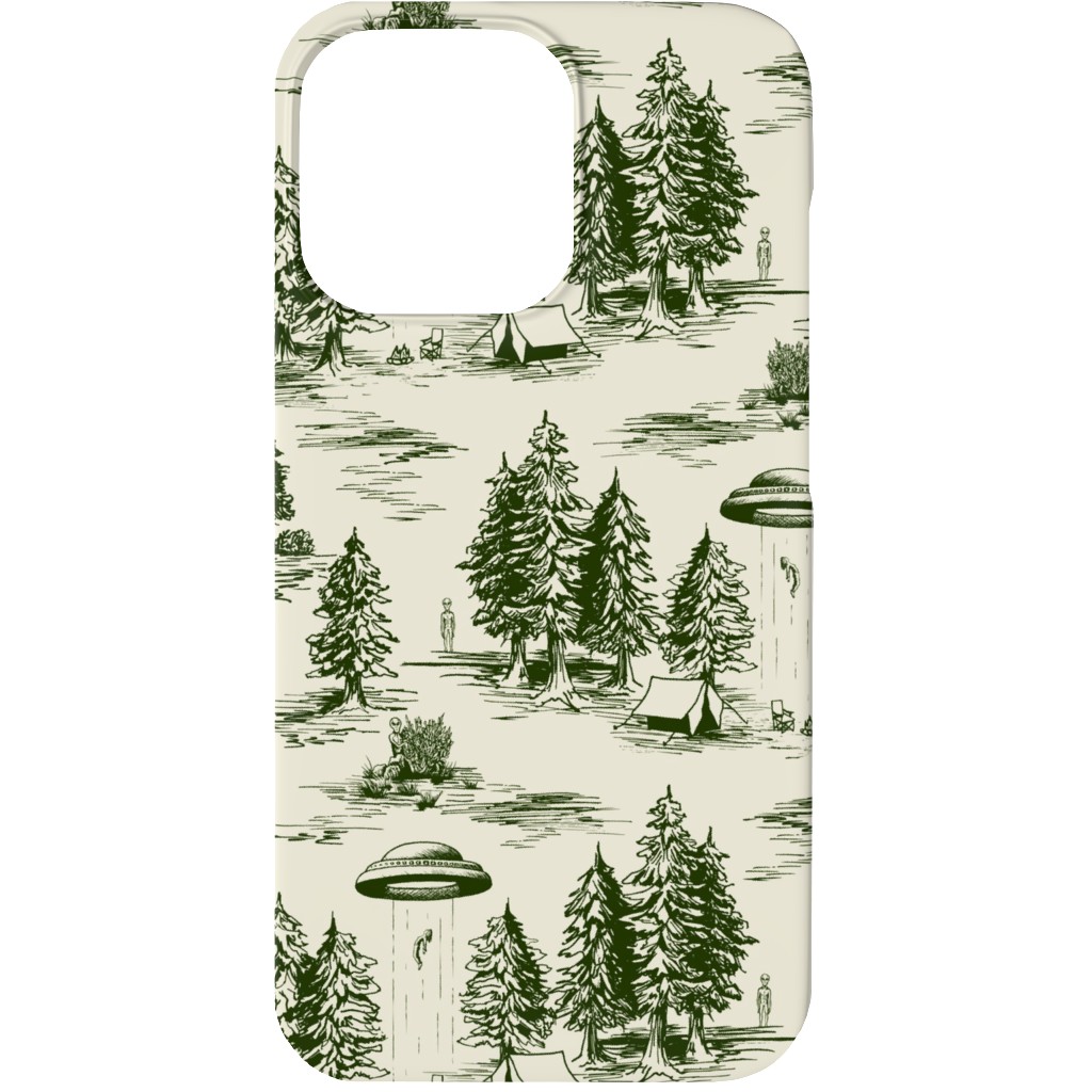 Alien Abduction Toile De Jouy - Forest Green & Cream Phone Case, Silicone Liner Case, Matte, iPhone 13, Green