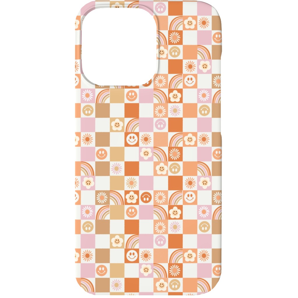 Retro Checkerboard - Daisy, Smile, Happy - Pink Orange Phone Case, Silicone Liner Case, Matte, iPhone 13, Orange