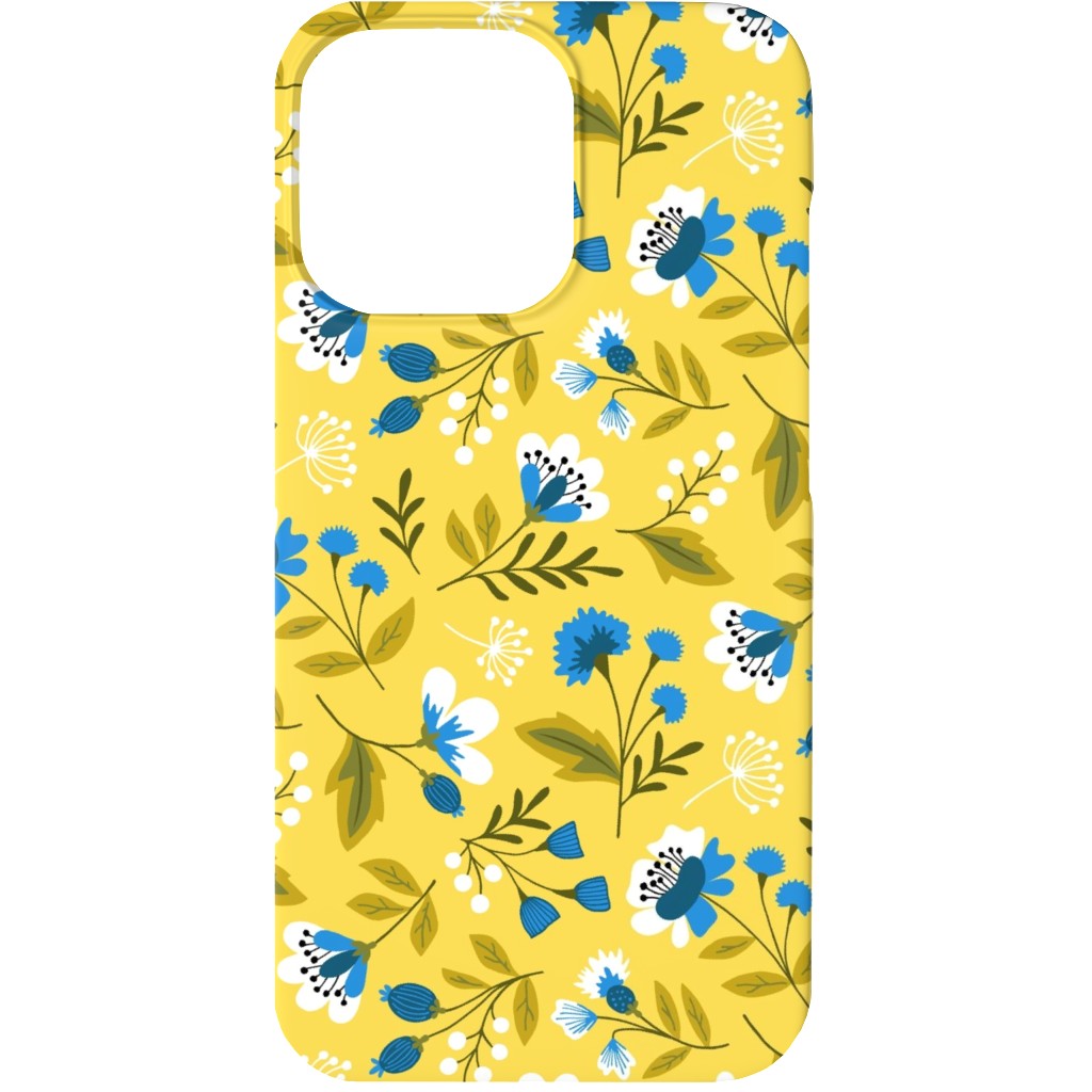 Colorful Spring Flowers - Blue on Yellow Phone Case, Silicone Liner Case, Matte, iPhone 13, Yellow
