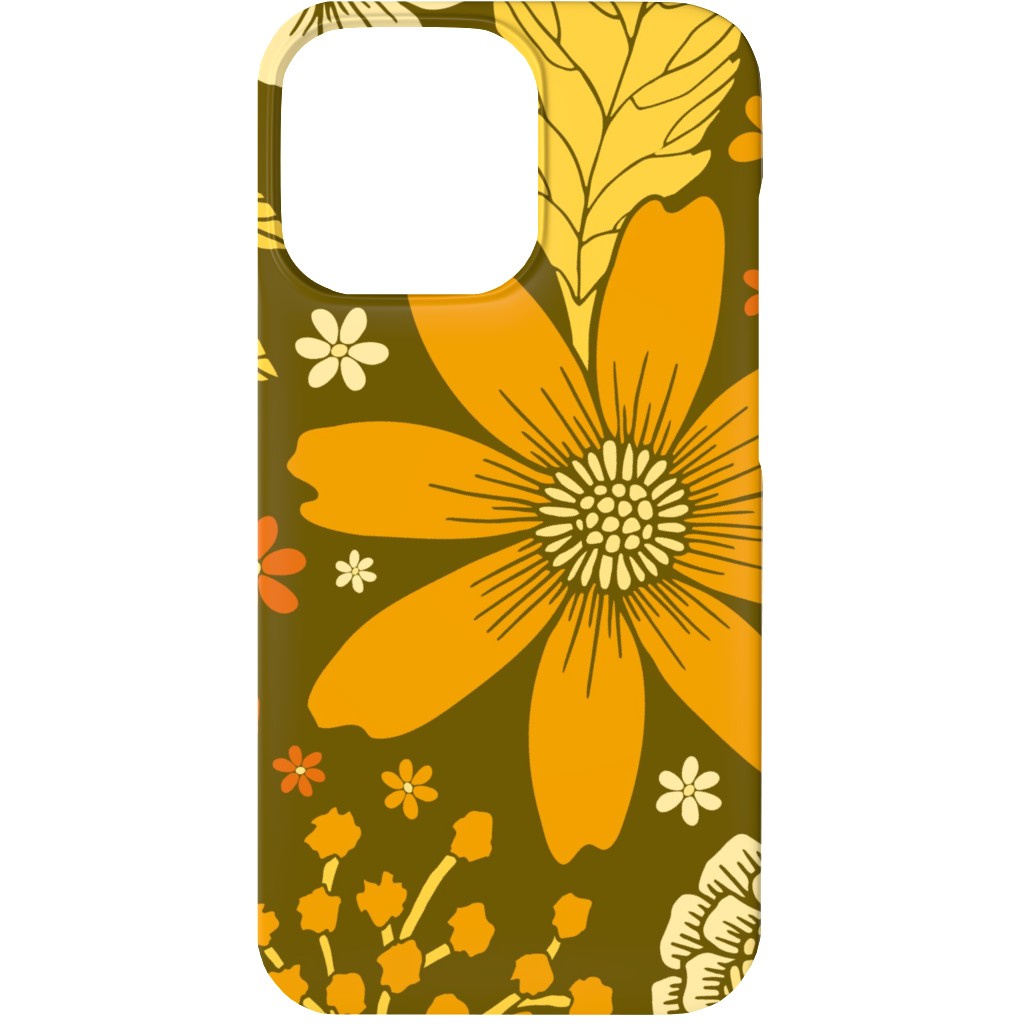 1970s Retro Flowers - Yellow, Orange & Olive Green Phone Case, Silicone Liner Case, Matte, iPhone 13, Orange