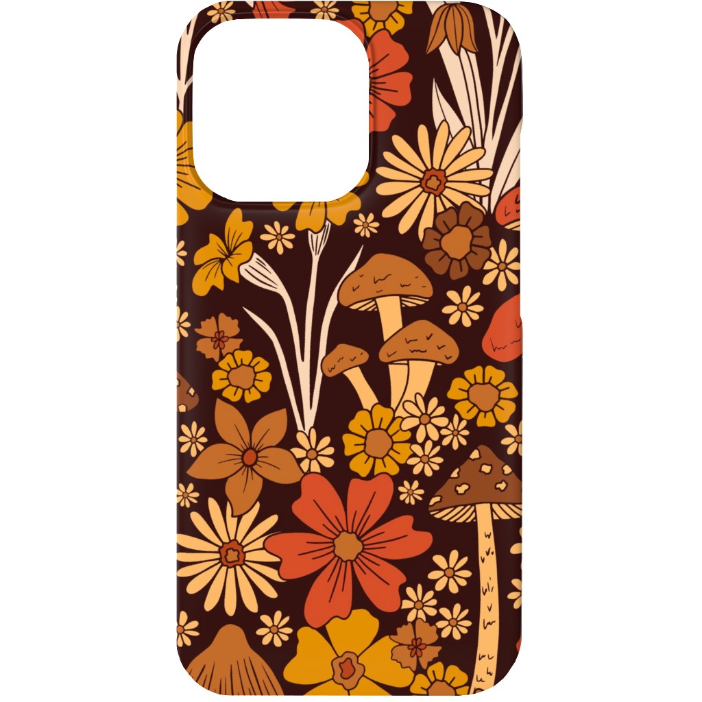 Retro 1970s Mushroom & Flowers - Brown and Orange Phone Case, Slim Case, Matte, iPhone 13, Orange