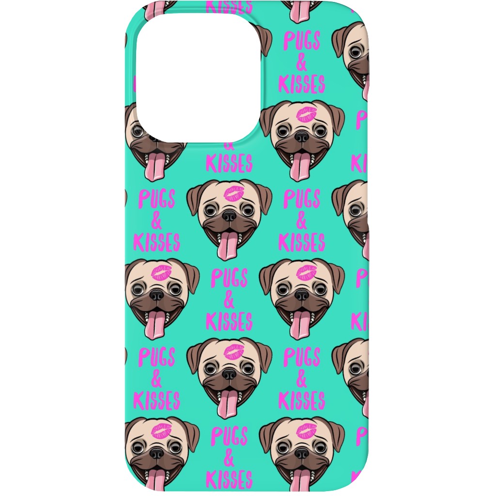 Pugs & Kisses - Cute Pug Dog - Teal Phone Case, Slim Case, Matte, iPhone 13, Green