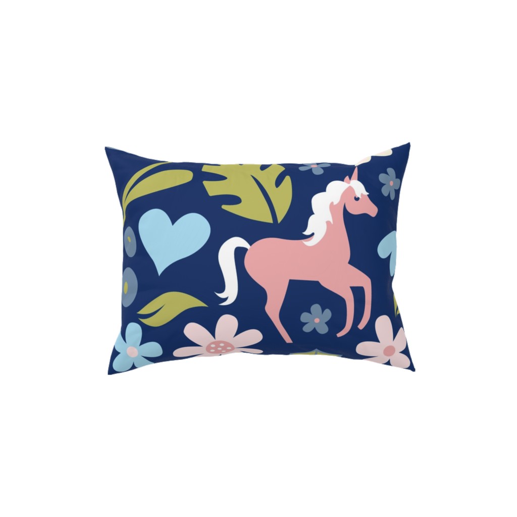 Dinosaurs and Unicorns - Dark Blue Pillow, Woven, White, 12x16, Double Sided, Multicolor