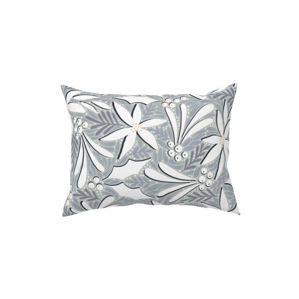 Poinsettia, Holly, & Mistletoe - White & Grey Pillow, Woven, White, 12x16, Double Sided, Gray, Gray