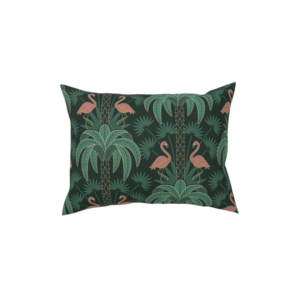 Palm Trees and Flamingos Deco Tropical Damask - Green Pillow, Woven, White, 12x16, Double Sided, Green