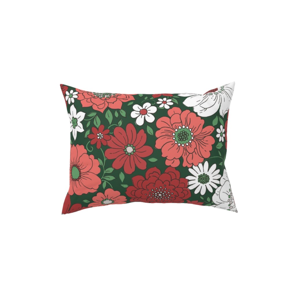 Camilla Retro Floral Christmas - Red and Green Pillow, Woven, White, 12x16, Double Sided, Multicolor