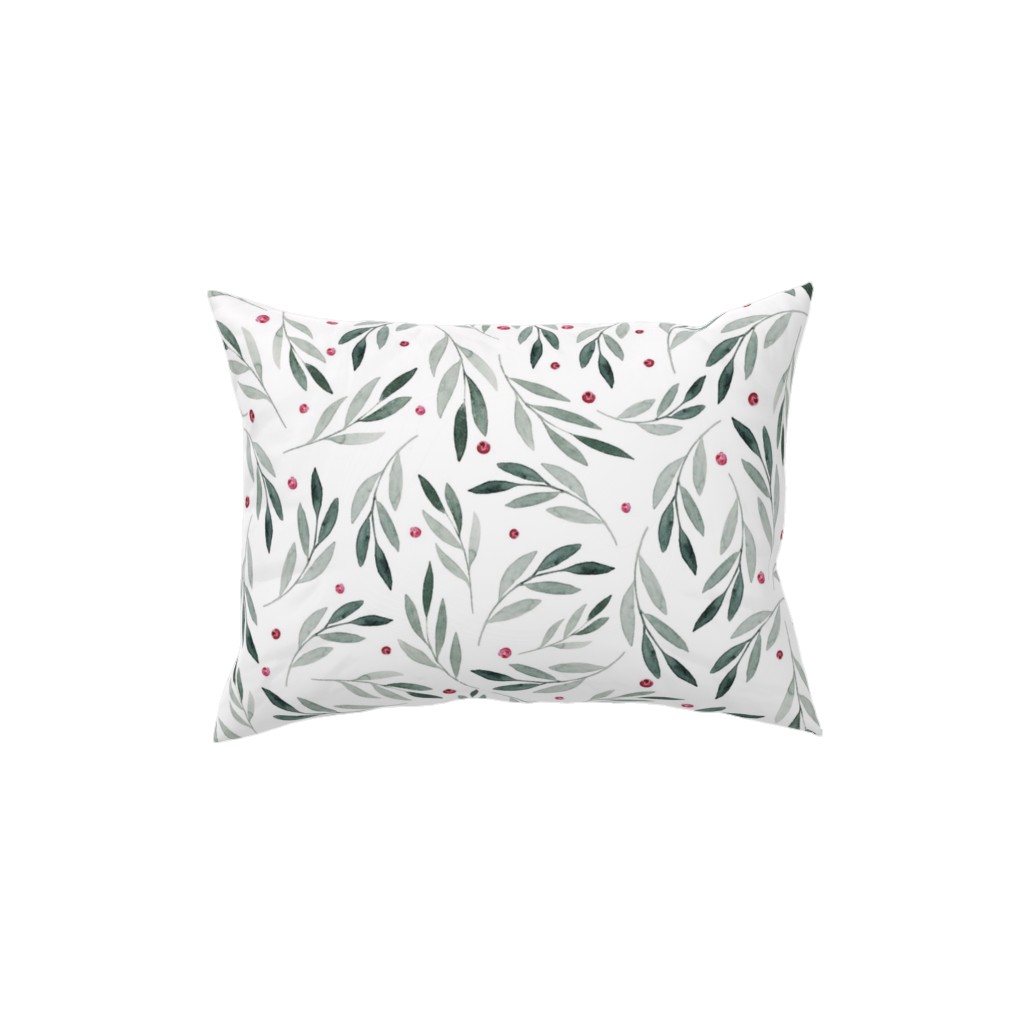 Festive Christmas Green Leaves & Red Berries Pillow, Woven, White, 12x16, Double Sided, White