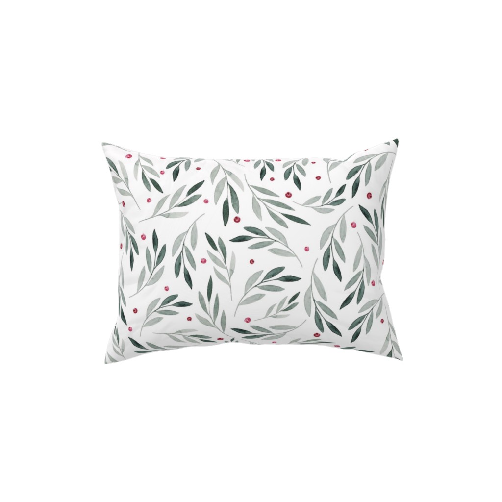 Festive Christmas Green Leaves & Red Berries Pillow, Woven, White, 12x16, Double Sided, White, White