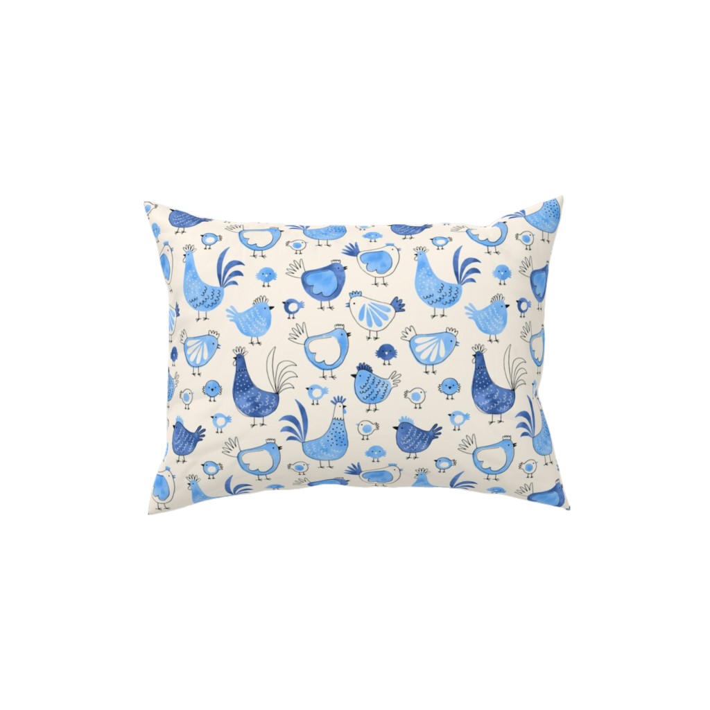 Chicken and Rooster - Watercolor - Blue on Creme Pillow, Woven, White, 12x16, Double Sided, Blue
