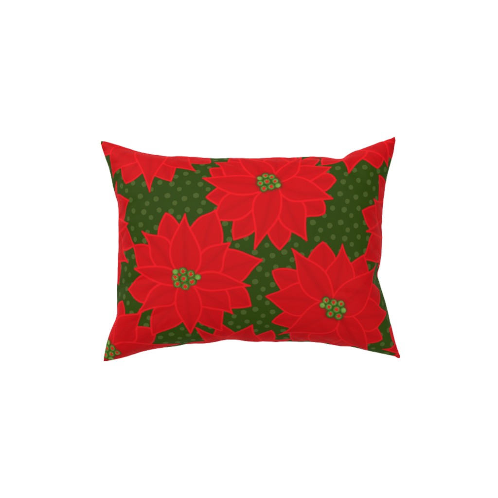 Christmas Poinsettia on Green Pillow, Woven, White, 12x16, Double Sided, Red, Red