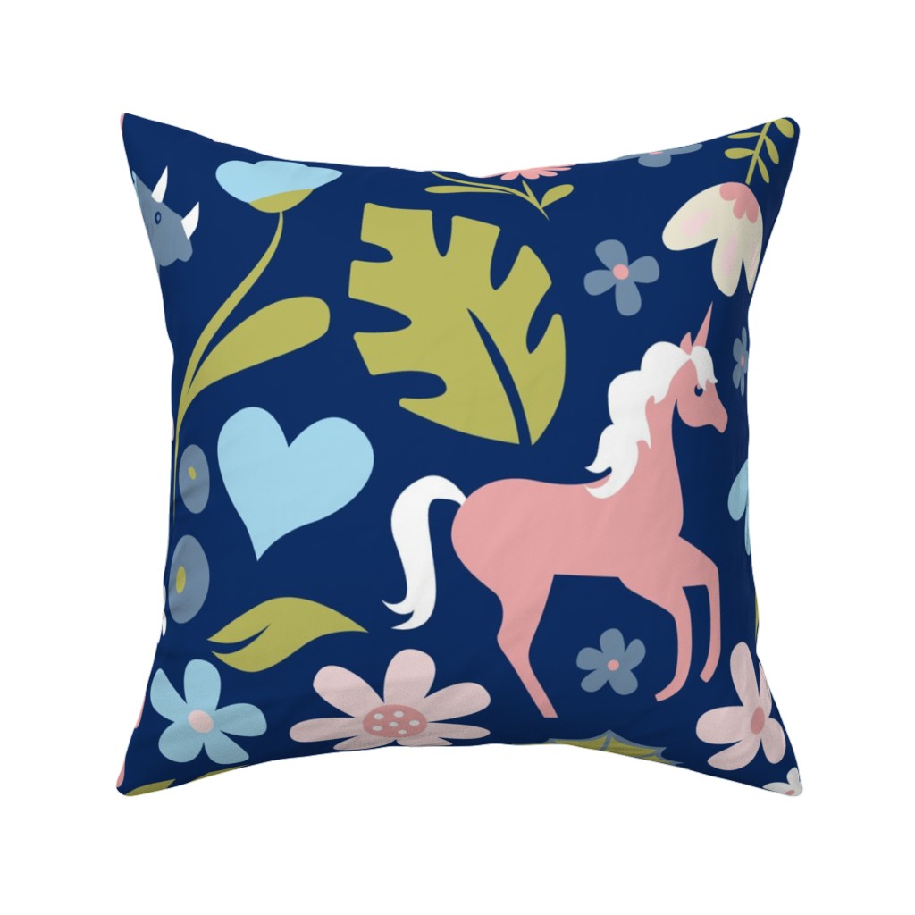Dinosaurs and Unicorns - Dark Blue Pillow, Woven, White, 16x16, Double Sided, Multicolor