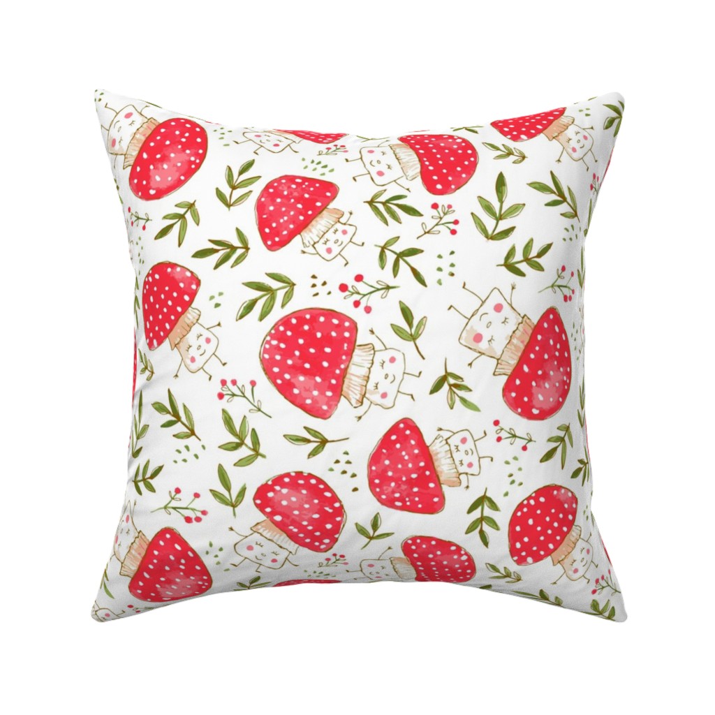 the Happiest Little Mushrooms - Red Pillow, Woven, White, 16x16, Double Sided, Red, Red