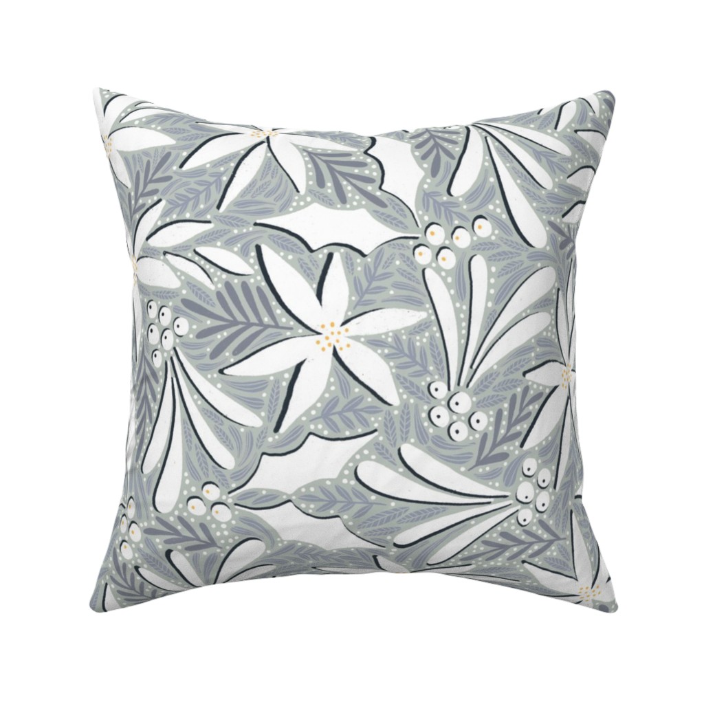 Poinsettia, Holly, & Mistletoe - White & Grey Pillow, Woven, White, 16x16, Double Sided, Gray