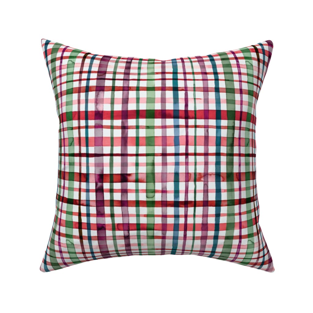 Watercolor Gingham - Red and Green Pillow, Woven, White, 16x16, Double Sided, Multicolor