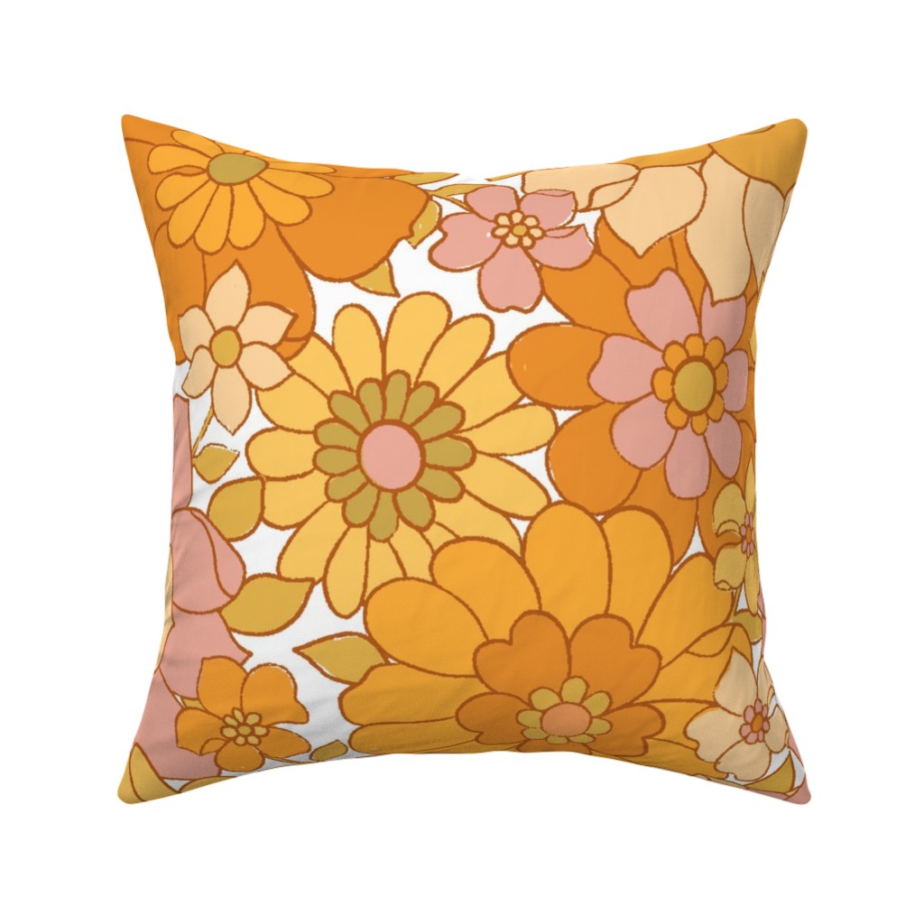 Avery Retro Floral - Orange on White Pillow, Woven, White, 16x16, Double Sided, Orange