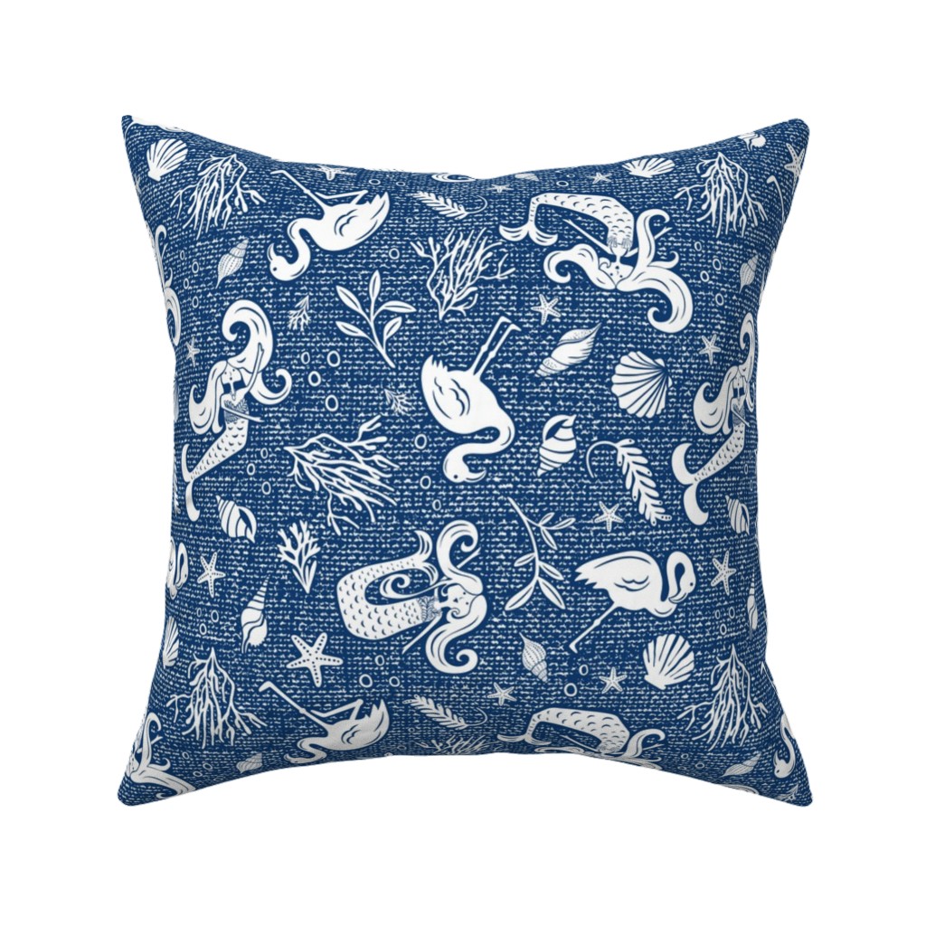 Beachy Keen Mermaid and Flamingo - Blue Pillow, Woven, White, 16x16, Double Sided, Blue, True Blue