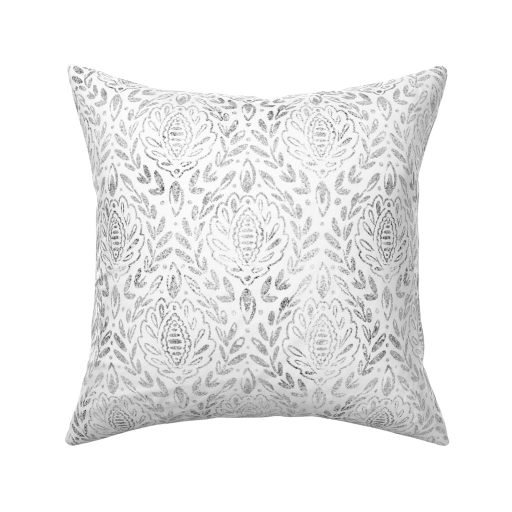 Distressed Damask Leaves - Grey Pillow, Woven, White, 16x16, Double Sided, Gray