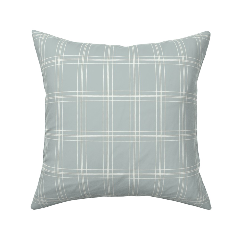 Lined Linens - Quad Plaid - Ivory, Blue Pillow, Woven, White, 16x16, Double Sided, Blue