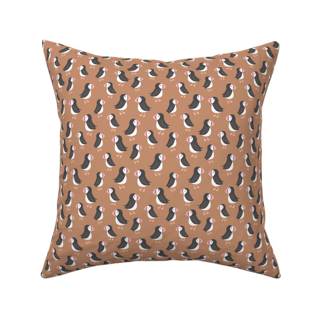 Little Puffin Friends Pillow, Woven, White, 16x16, Double Sided, Brown, Hazelnut